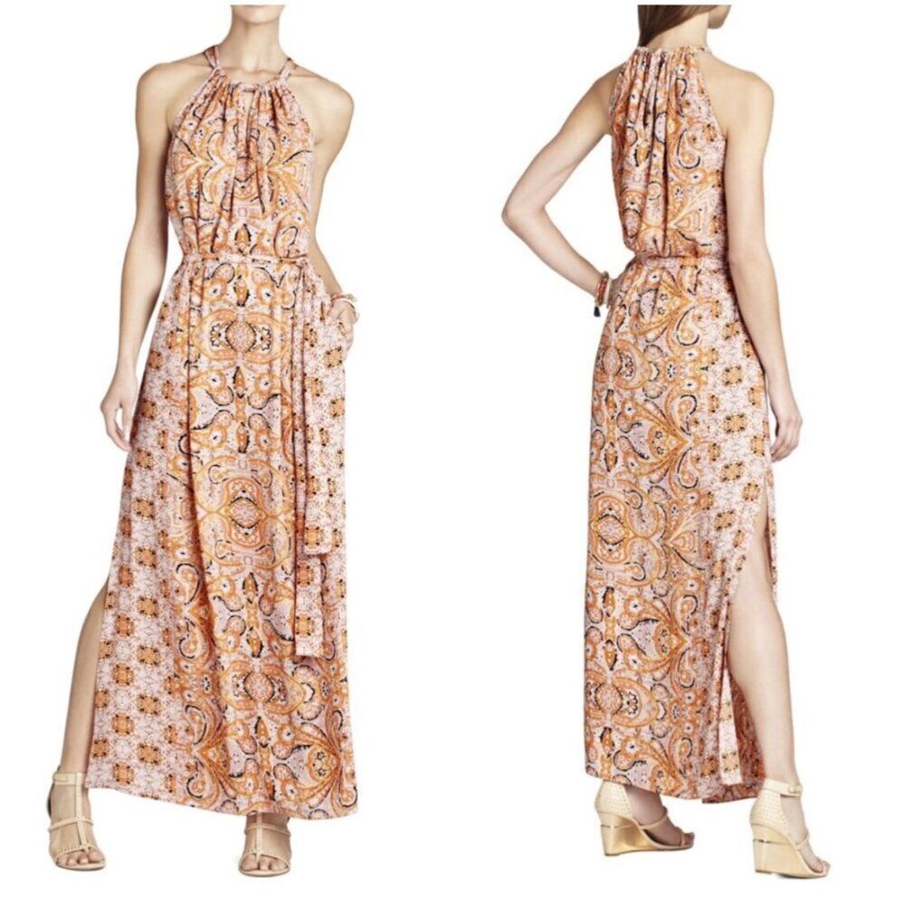 BCBG MaxAzria Women Pink Multicolored Pasiley Blouson Halter Maxi Dress Size S
